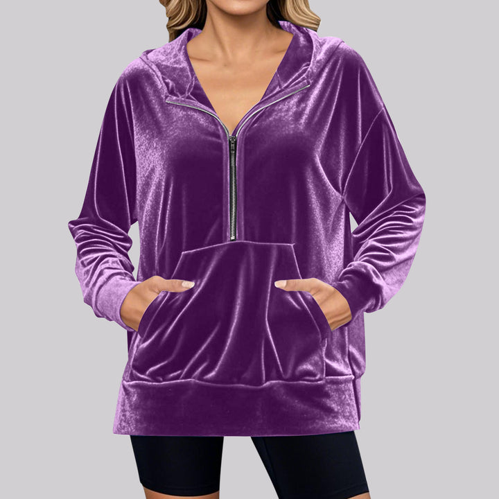 Damen Hochwertiger Kapuzenpullover aus Samt mit Reißverschluss Drune