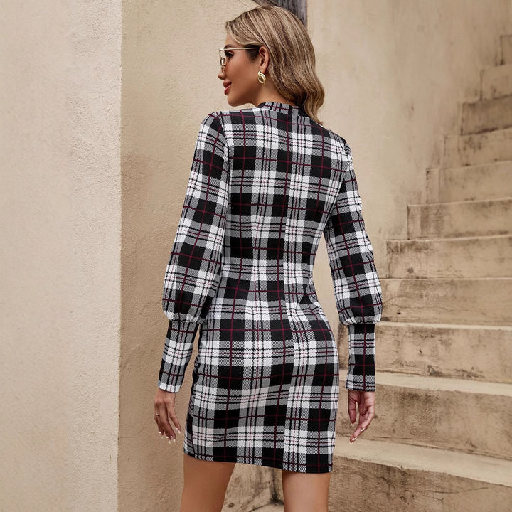 Damen Karokleid mit eleganter Gürtelakzentuierung und Puffärmeln Drune