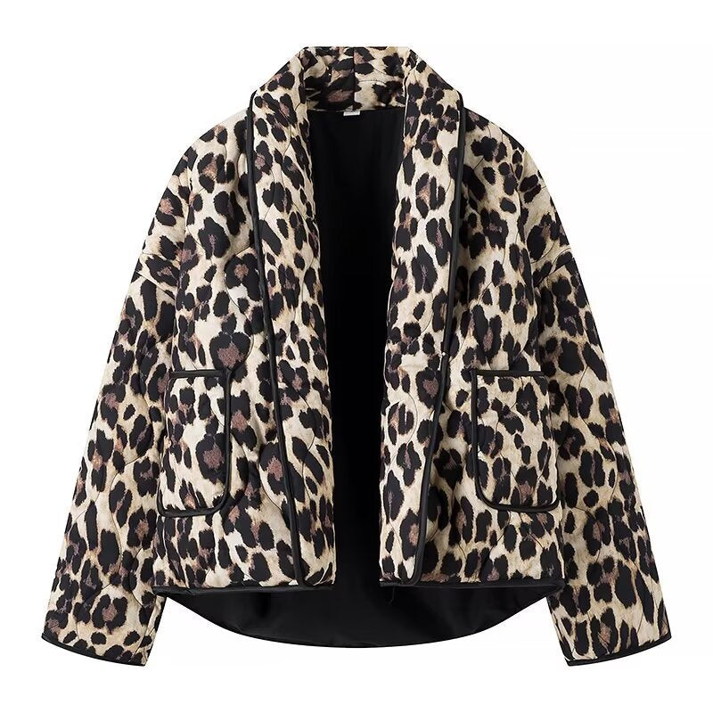 Damen Modische Leo-Muster Steppjacke mit praktischen Taschen Drune