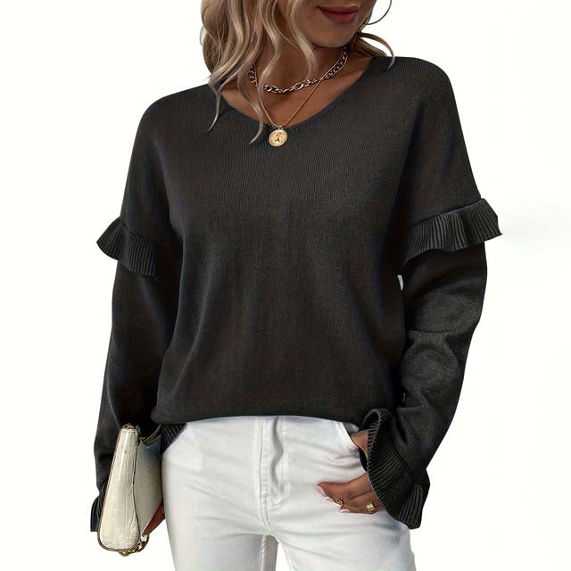 Drune | V-ausschnitt Pullover mit Rüschendetails Baumwolle Weiches und Elegantes Design