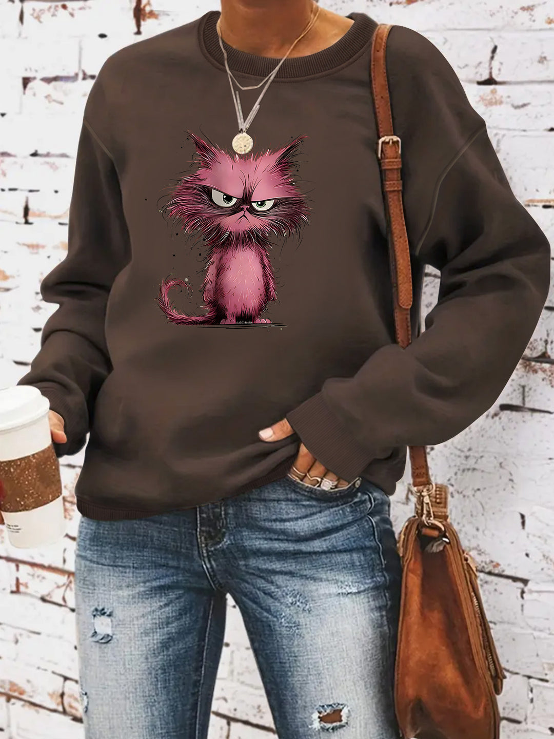 Damen Sweatshirt mit kreativem Katzenmotiv Drune