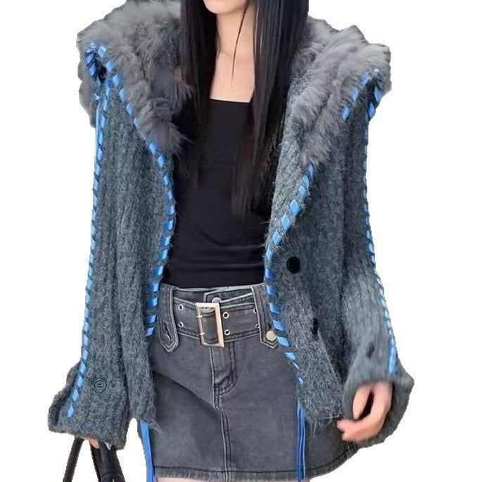 Damen Strickjacke mit Kapuze und dekorativem Kunstfell Drune