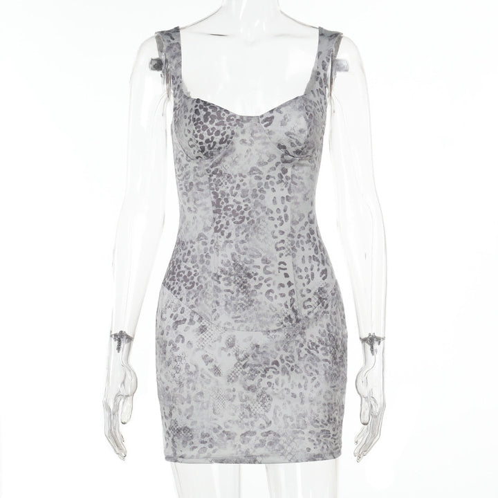 Damen schulterfreies Minikleid mit Leopardenmuster und figurbetontem Schnitt Drune