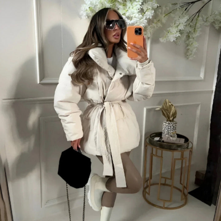 Damen modische Steppjacke mit breitem Revers und taillierbarem Gürtel Drune