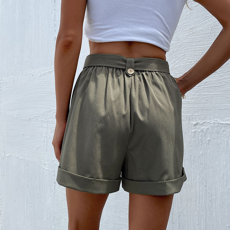 Damen elegante Bundfalten-Shorts mit Gürtel Drune