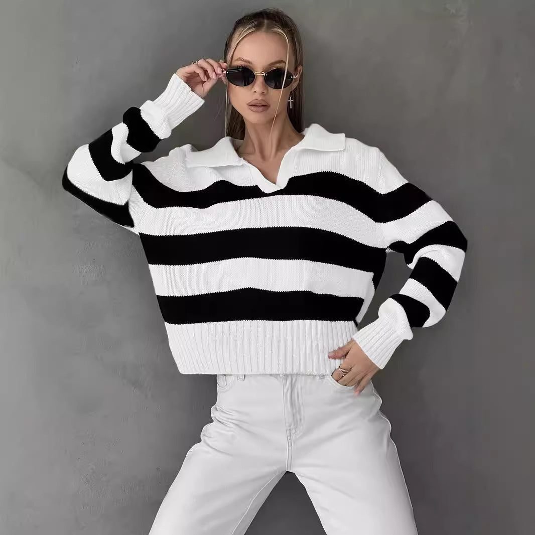 Damen lässiger Pullover mit V-Ausschnitt und breiten Streifen Drune