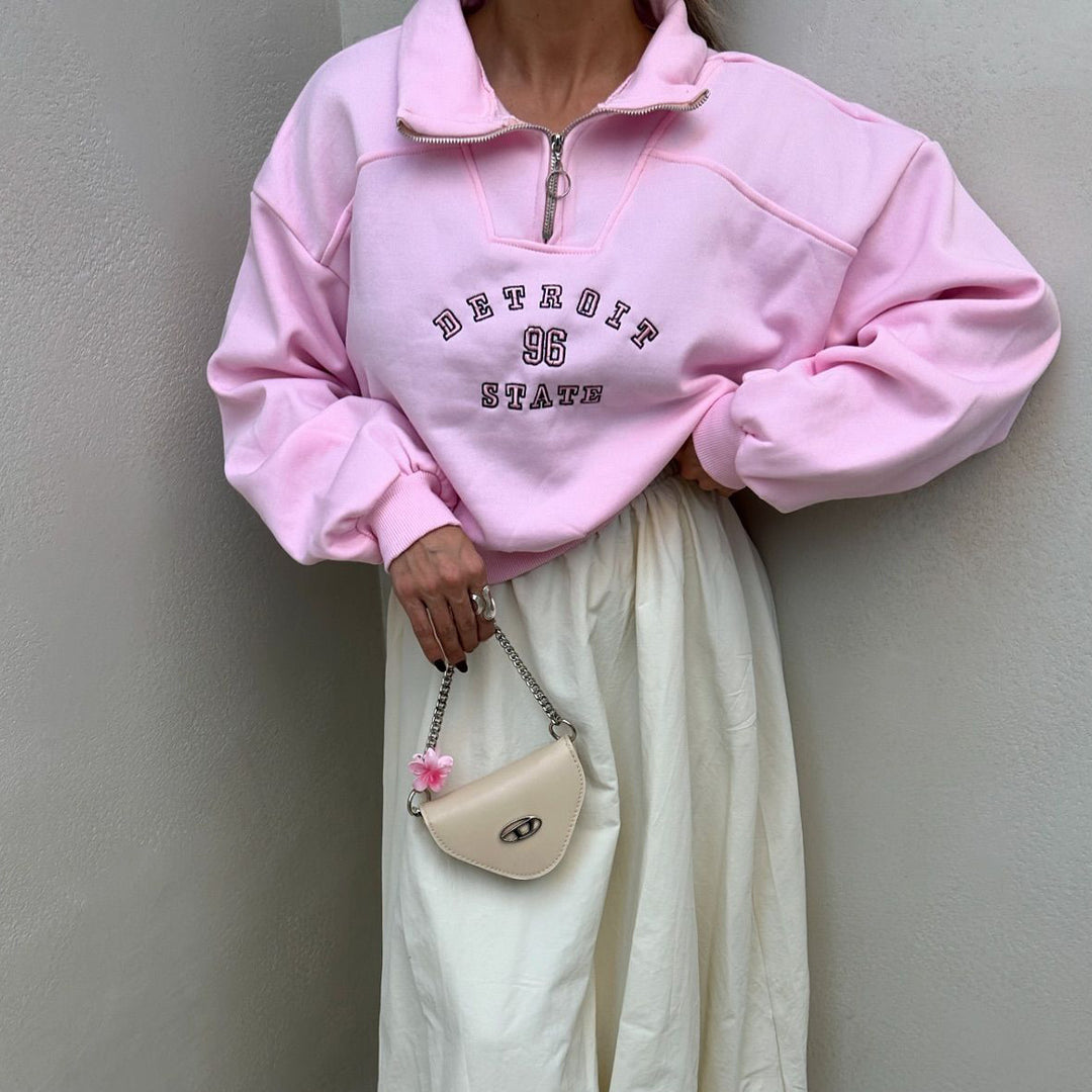 Damen Sweatshirt mit stylischem Stehkragen und Vintage-Print Drune