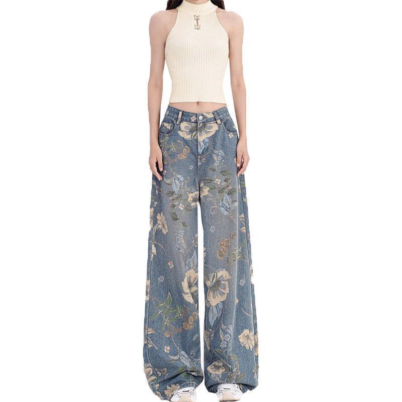 Damen Weit geschnittene Jeans mit floralen Mustern Drune