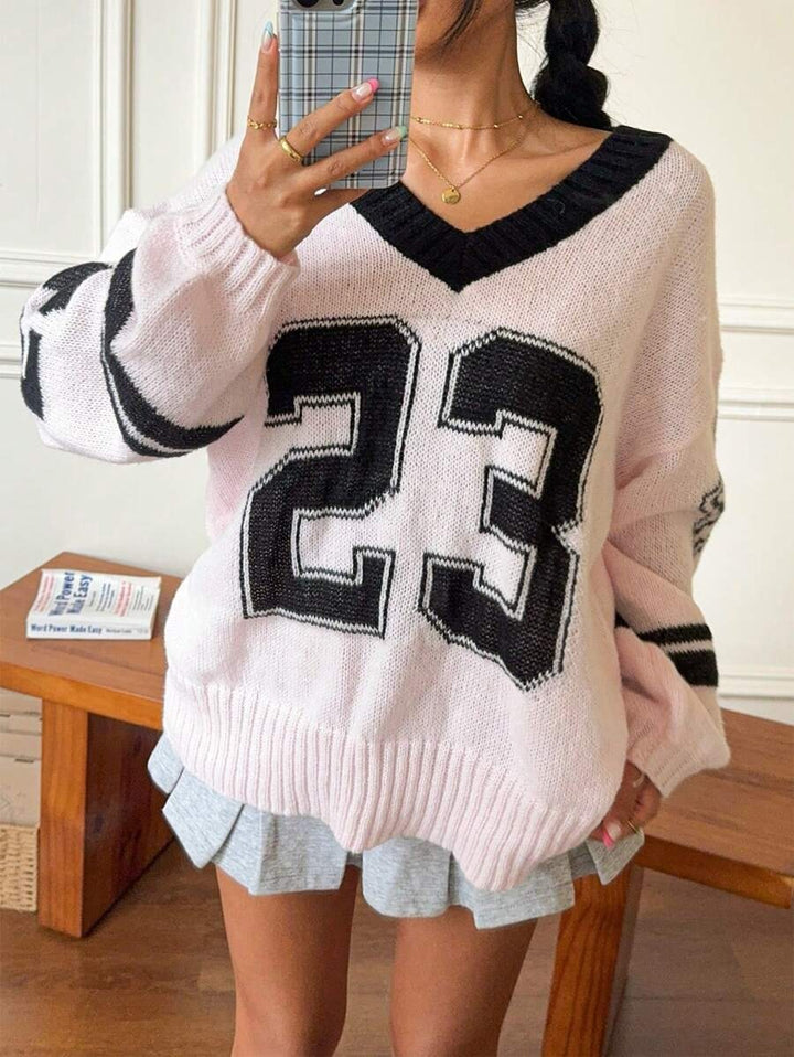 Damen Sportlicher V-Ausschnitt Pullover im lässigen College-Stil Drune