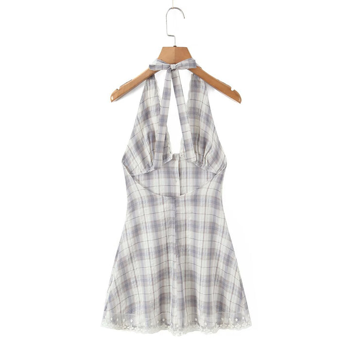 Damen Halterkleid mit floralem Spitzenbesatz und Knopfleiste Drune