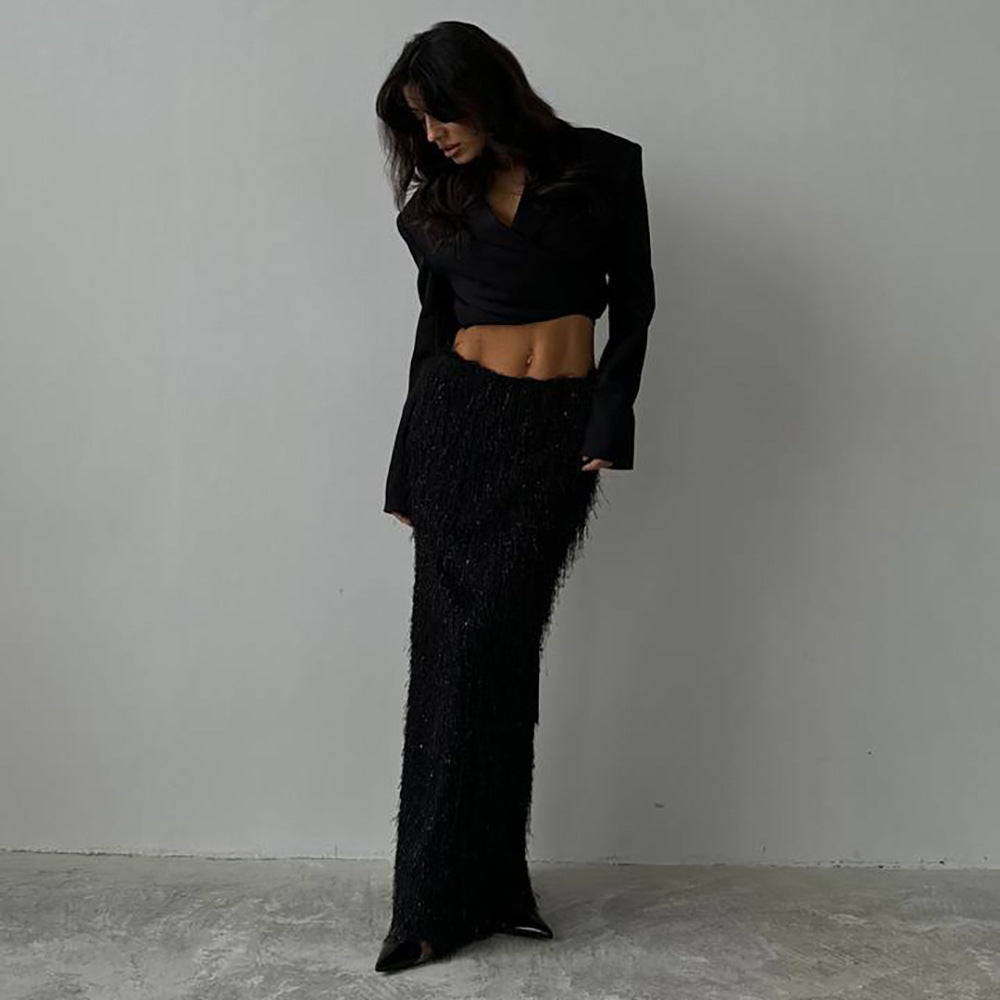 Damen eleganter Wickel-Oberteil und Maxi-Rock mit schimmernden Akzenten Drune