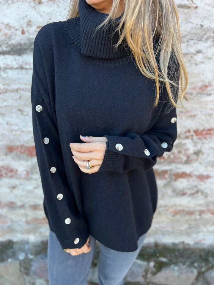 Damen Pullover mit Rollkragen und dekorativen Knopfdetails Drune