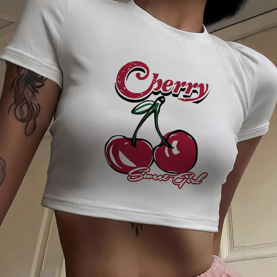 Damen Crop-T-Shirt mit fruchtigem Kirschdesign und lockerem Schnitt Drune