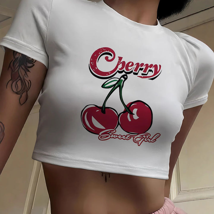 Damen Crop-T-Shirt mit fruchtigem Kirschdesign und lockerem Schnitt Drune