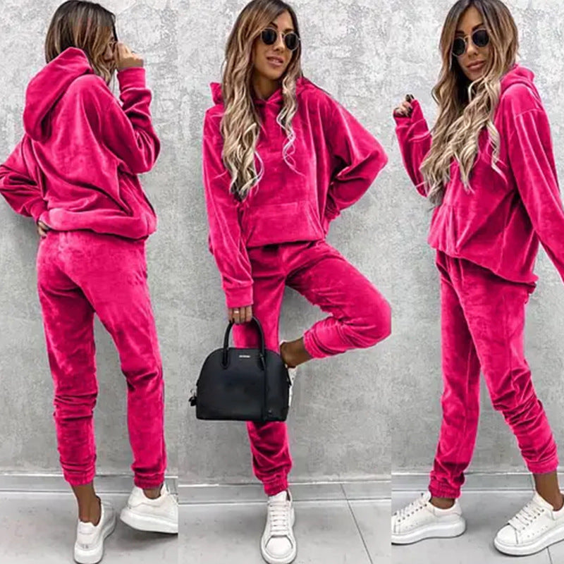 Damen luxuriöses Mikrofaser-Sportanzug mit Kapuze und Taschen Drune