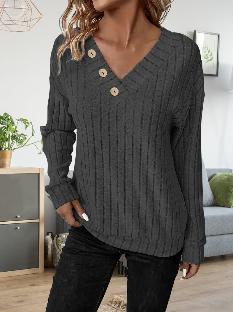 Damen lässiger V-Ausschnitt Pullover mit Knopfdetails und feinem Rippenmuster Drune