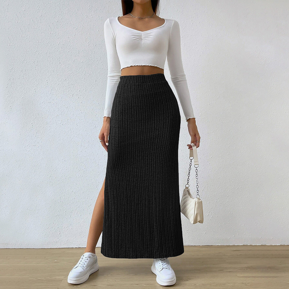 Damen Langer Strickrock mit diagonalen Rippen und hohem Bund Drune
