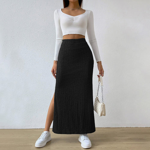 Damen Langer Strickrock mit diagonalen Rippen und hohem Bund Drune