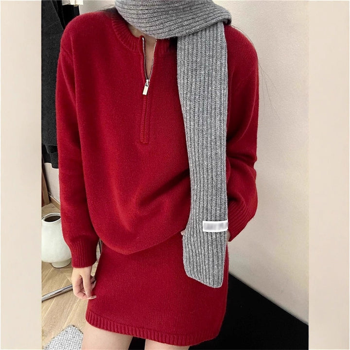 Damen modisches Strickpullover-Kleid mit hohem Kragen und Reißverschluss Drune