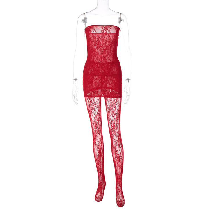 Damen Spitzen-Body mit integrierter Strumpfhose und schulterfreien Trägern Drune