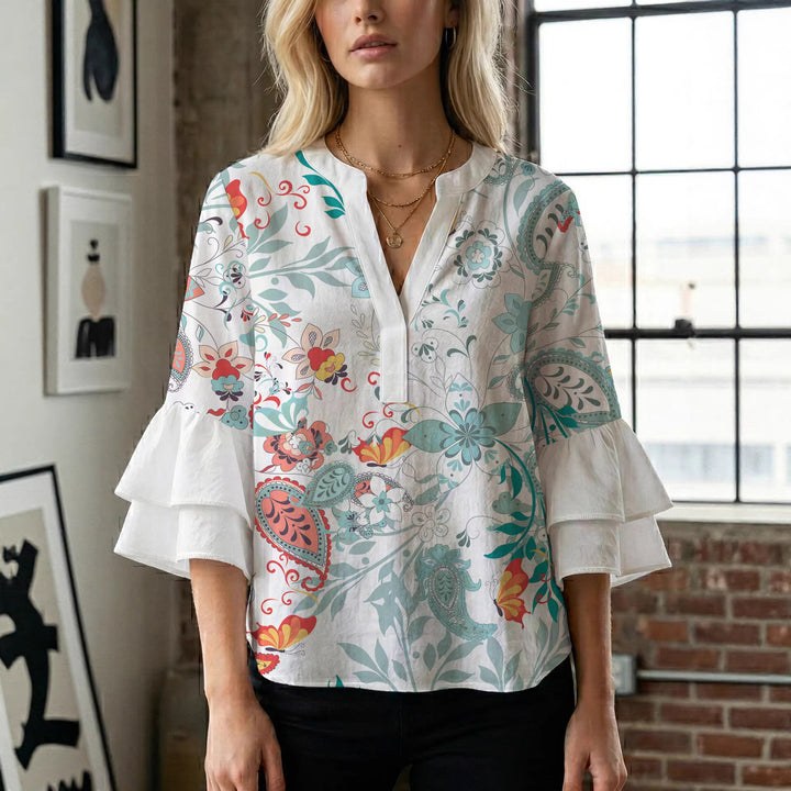 Damen elegantes Oberteil mit voluminösen Rüschensäumen und floralem Design Drune