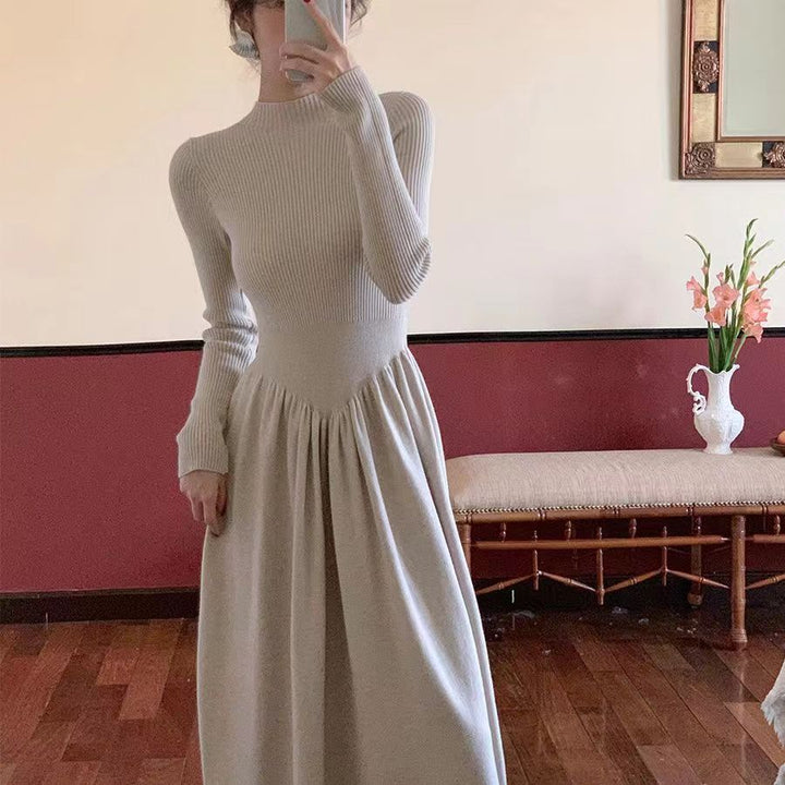 Damen Elegantes Langarm-Maxikleid mit hohem Hals Drune