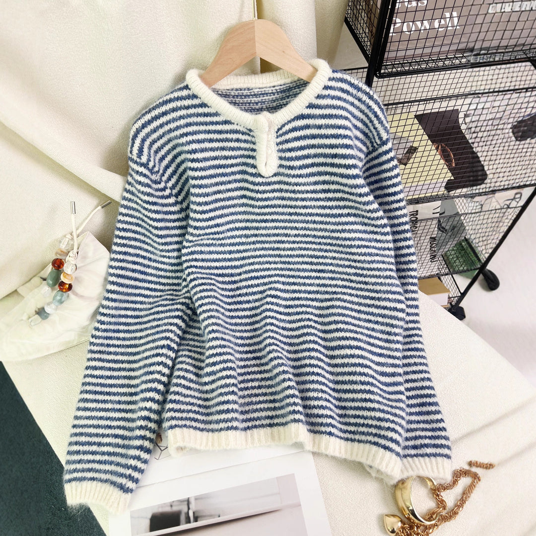Damen lässiger Streifenpullover mit dekorativem Knopfdetail Drune