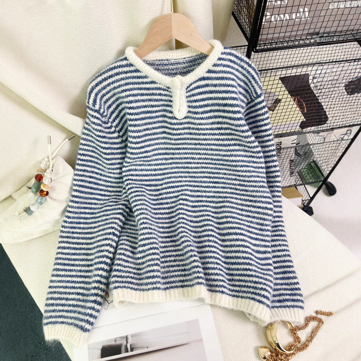 Damen lässiger Streifenpullover mit dekorativem Knopfdetail Drune