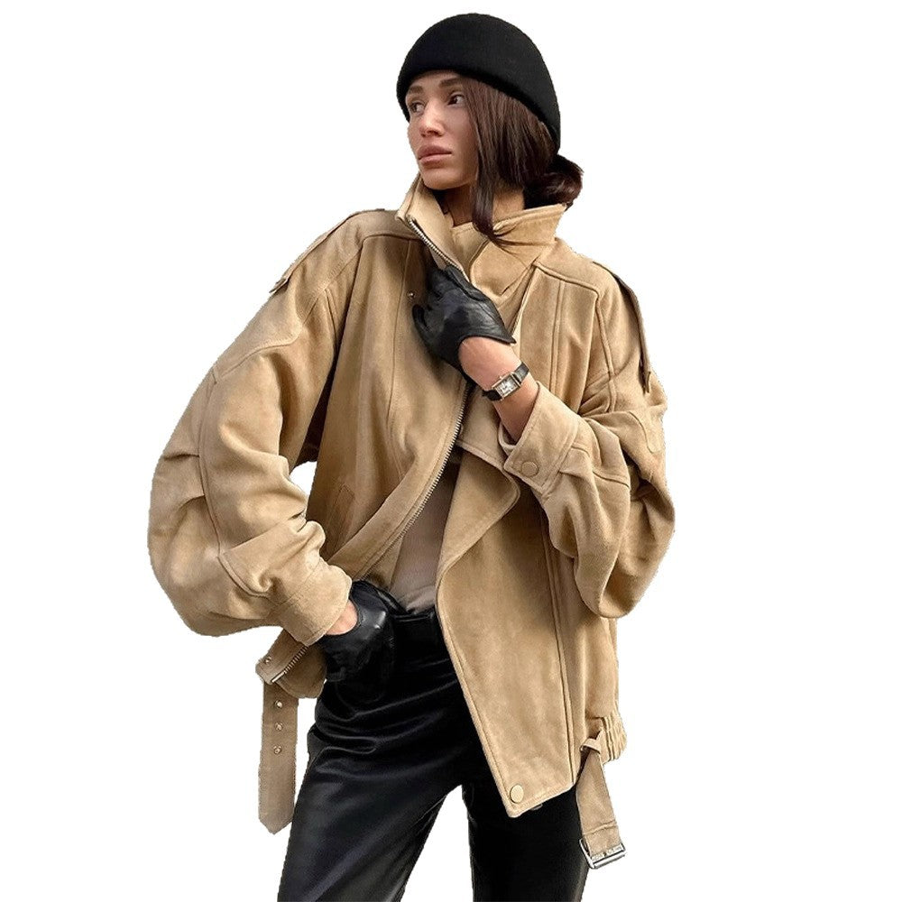 Damen Oversized Wildlederjacke mit asymmetrischem Schnitt und modischen Details Drune