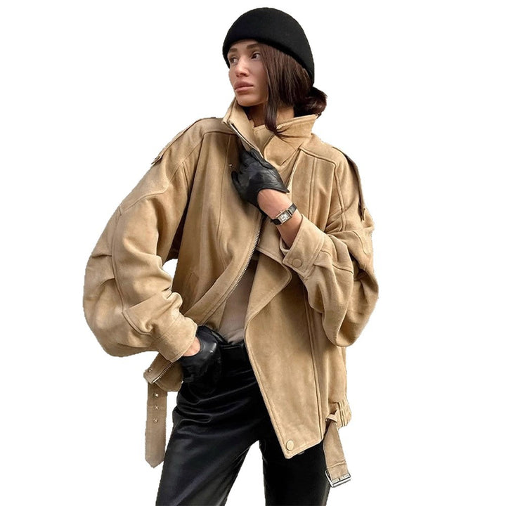 Damen Oversized Wildlederjacke mit asymmetrischem Schnitt und modischen Details Drune