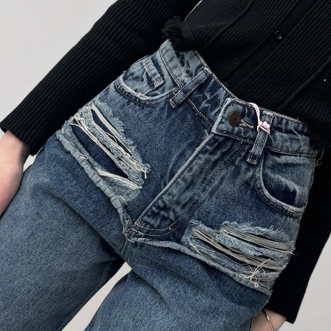 Damen Hohe Taillenjeans mit weitem Bein und Bindegürtel Drune