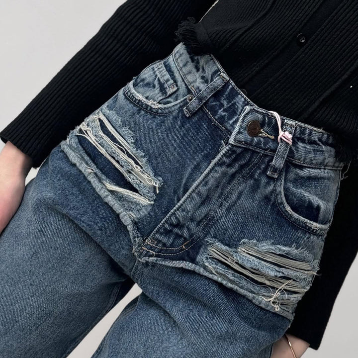 Damen Hohe Taillenjeans mit weitem Bein und Bindegürtel Drune