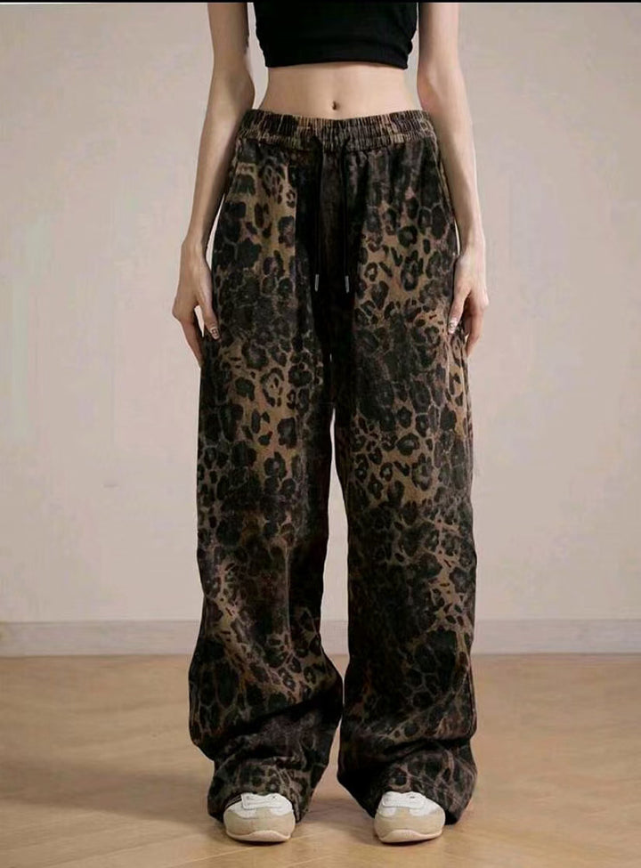 Damen Weit geschnittene Leinenhose mit Leopardenmuster Drune