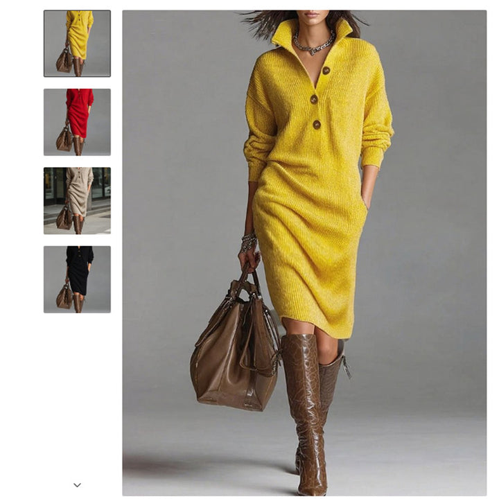 Damen nan gestricktes Pulloverkleid mit Polokragen, Eingrifftaschen und lässiger Passform Drune