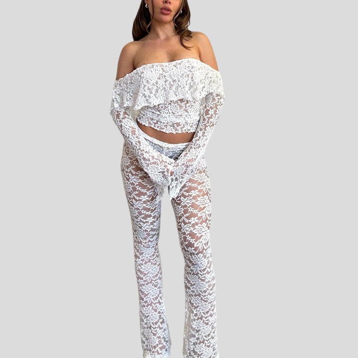 Damen Spitzen-Crop-Top mit weitem Ärmel und passenden Hose Drune