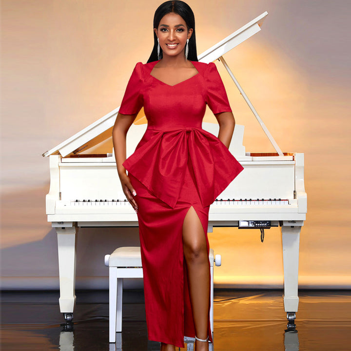 Damen Maxikleid mit eleganter Drapierung und voluminösem Rock Drune