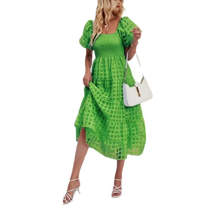 Damen Midi-Kleid mit Puffärmeln und elastischem Taillengürtel Drune