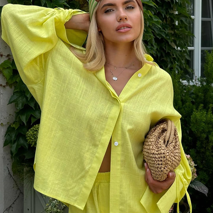 Damen Leichte Leinen-Loungewear-Kombination mit lässiger Short und oversized Hemd Drune