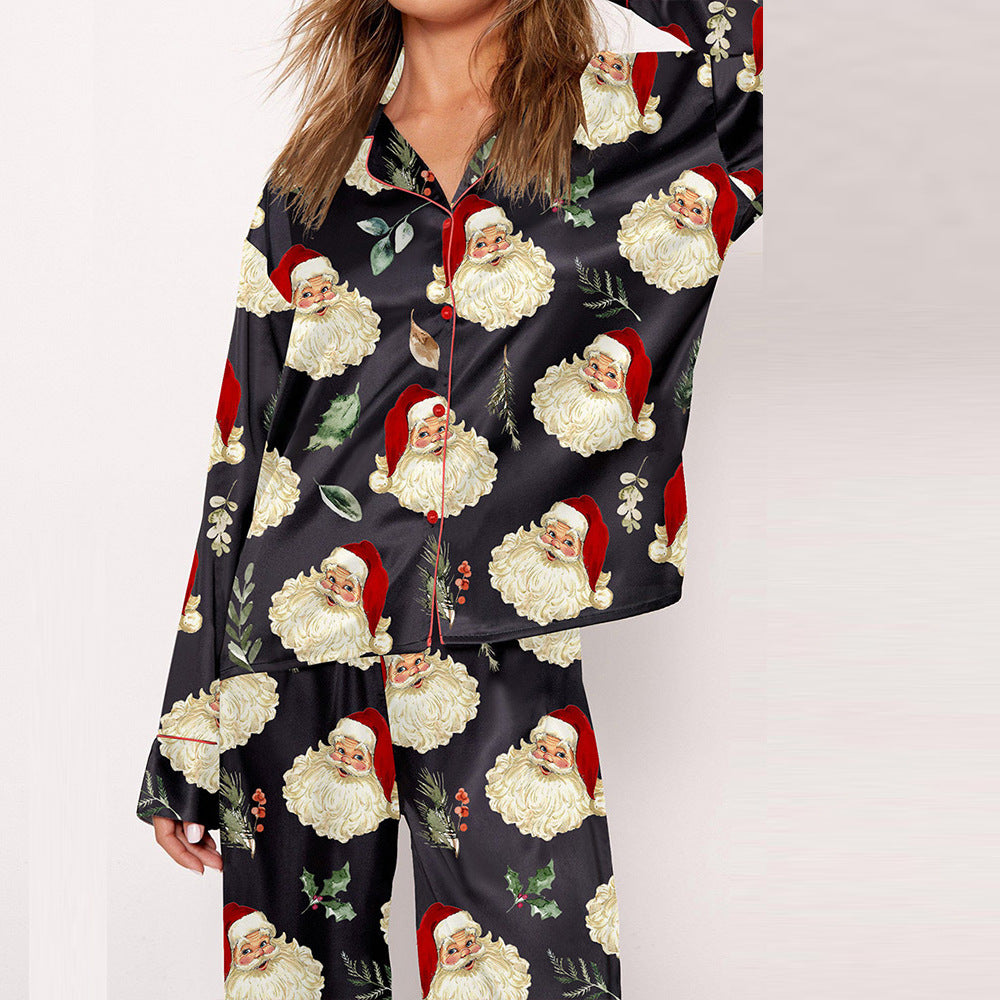 Damen Pyjama-Set mit festlichem Santa-Motiv und weichem Satin Drune