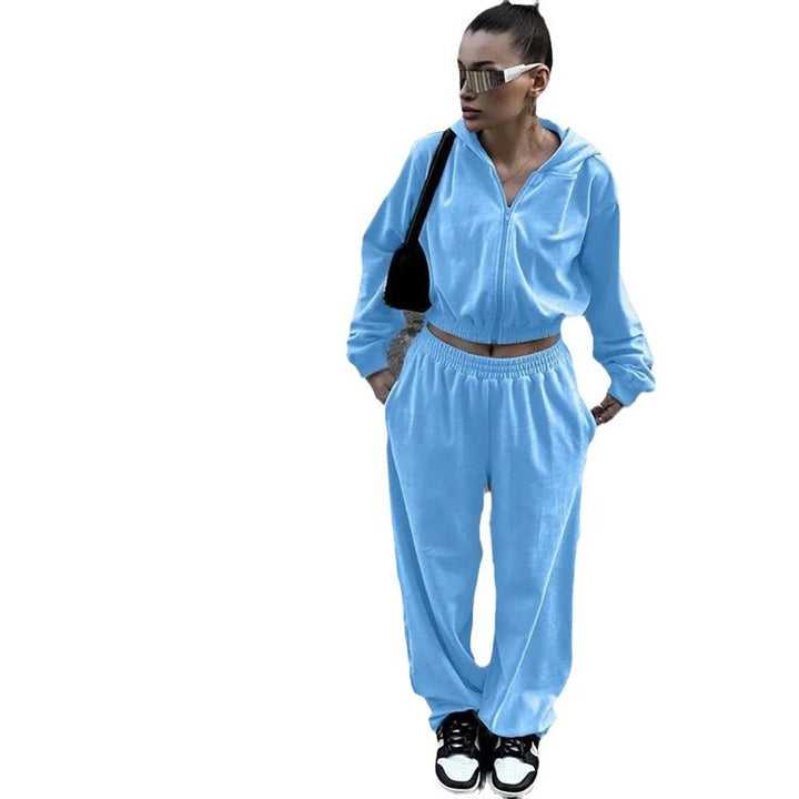 Damen nan Samt-Trainingsanzug zweiteilig mit cropped Kapuzenjacke und hoher Taille Jogginghose Drune