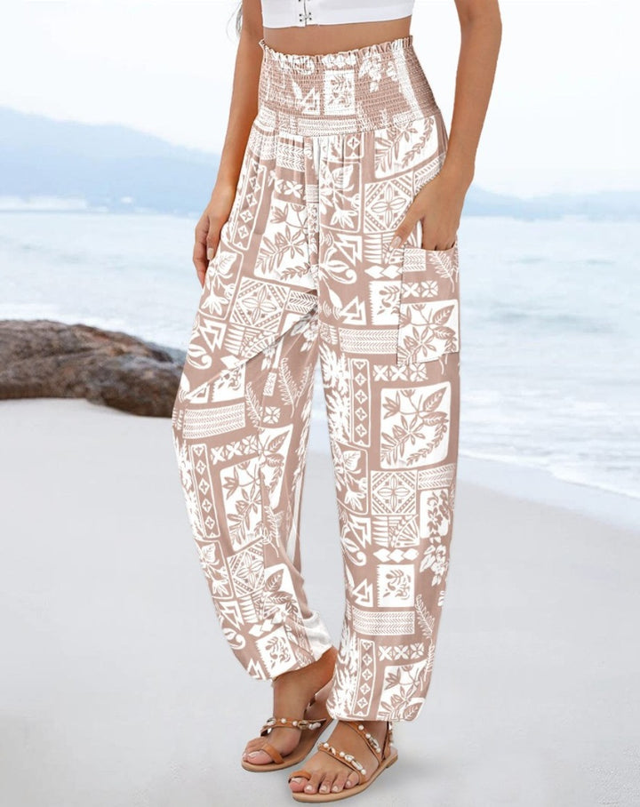 Damen weite Palazzo-Hose mit buntem Paisleymuster und elastischem Bund Drune