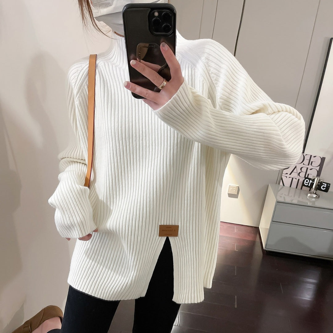 Damen Moderner Rippstrickpullover mit hohem Kragen und asymmetrischem Schnitt Drune
