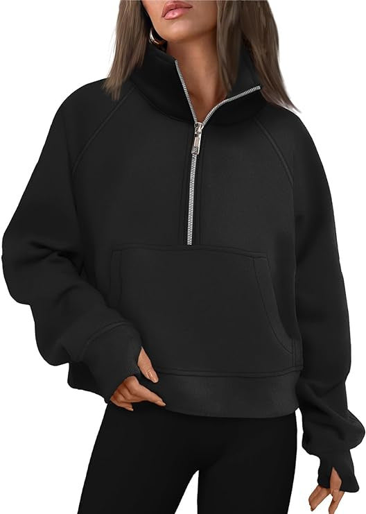 Damen nan cropped Halbzip-Sweatshirt mit hohem Stehkragen, Kängurutasche und überschnittener Schulter Drune