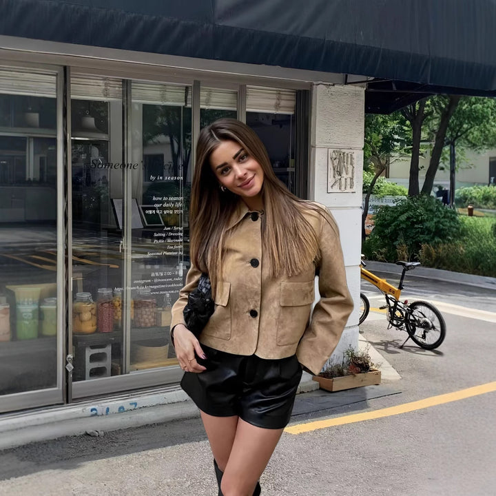 Damen modische Wildlederjacke mit aufgesetzten Taschen Drune