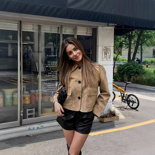 Damen modische Wildlederjacke mit aufgesetzten Taschen Drune