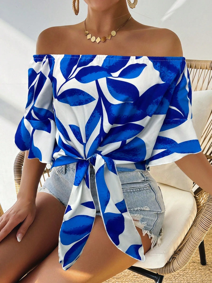 Damen Off-Shoulder Bluse mit floralem Muster und taillierbarem Knoten Drune