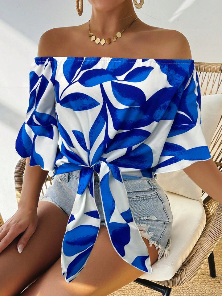 Damen Off-Shoulder Bluse mit floralem Muster und taillierbarem Knoten Drune