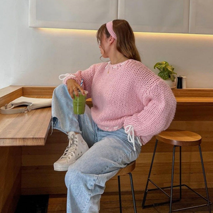 Damen lässiger Pullover mit offener Schulter und dekorativem Bindegürtel Drune
