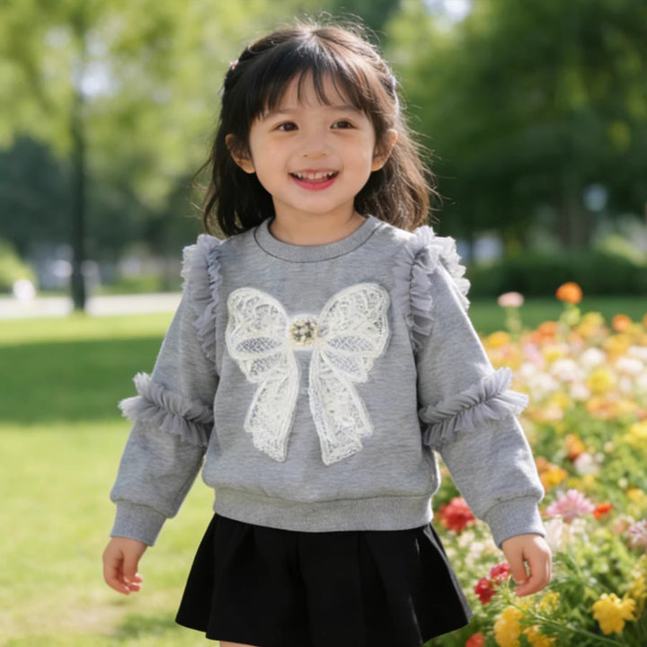 Mädchen Sweatshirt mit Rüschendetails und dekorativem Schleifenmotiv Drune