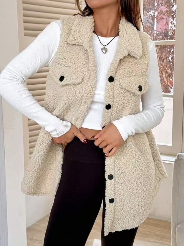 Damen Plüsch Weste mit Taschen Drune